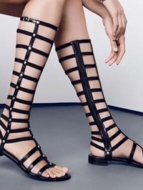 Stuart Weitzman Black Strappy Knee-High Gladiator Sandals